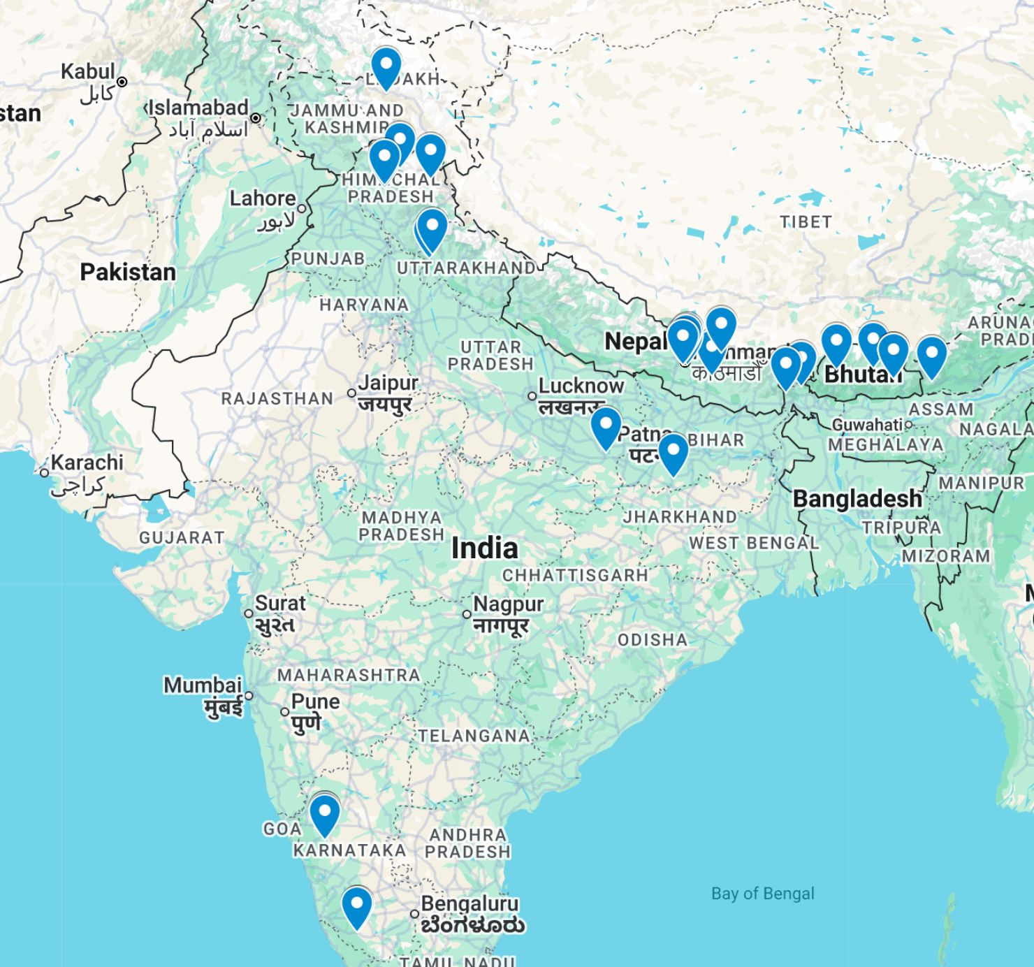 Map showing participating monasteries across India, Nepal, and Bhutan